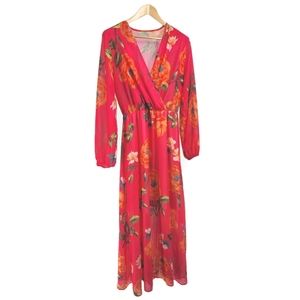 Sheer Floral Maxi Faux Wrap Cover-up Dress Longsleeve V-neck Chiffon Coral Large